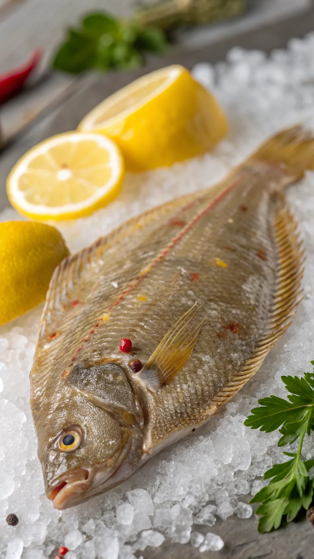 Close-up fresh raw limande-sole fish with scales, glistening appearance, ice background, professional food photography, detai