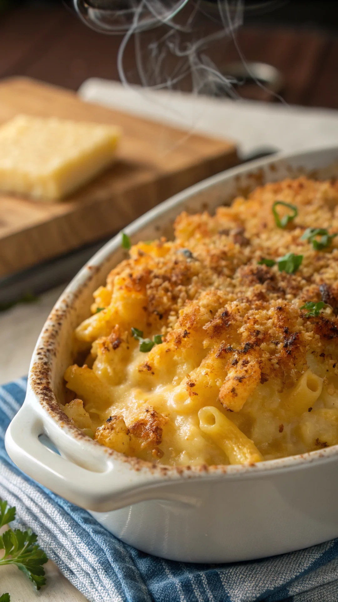 Close-up macro photography of mac and cheese, creamy cheese sauce coating pasta, golden crispy breadcrumb topping, steam risi