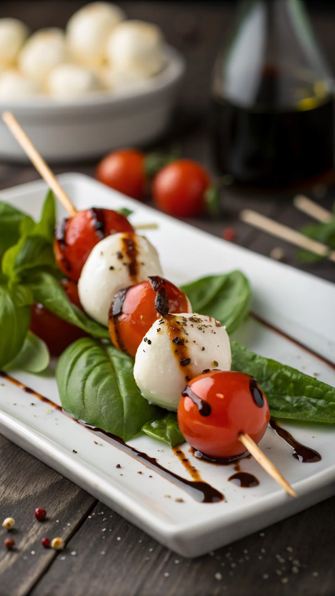 Close-up macro shot of elegant appetizer skewer with fresh mozzarella, cherry tomato, basil and balsamic vinegar, shallow dep