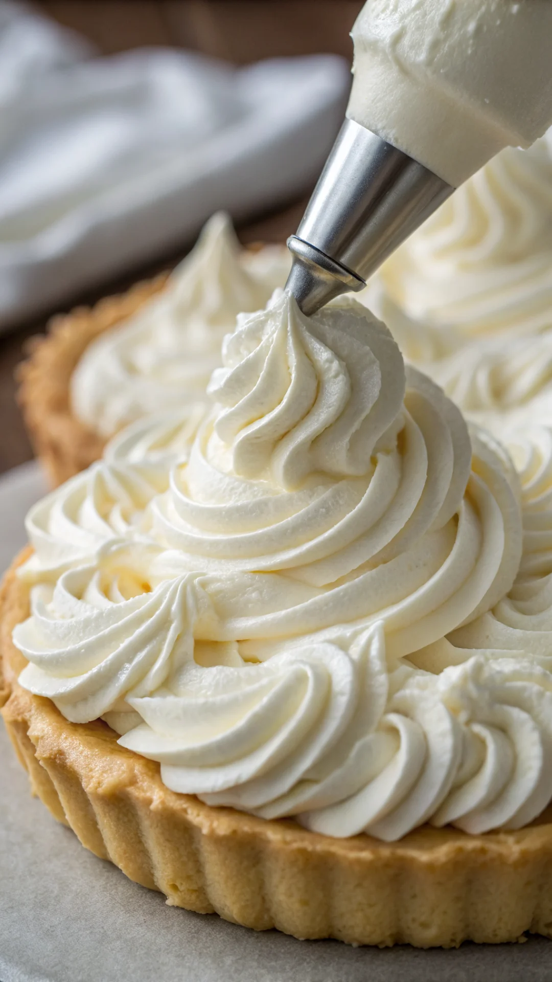 Close-up of creamy whipped chantilly being piped with a pastry bag, smooth rich texture, white fluffy cloud-like consistency,