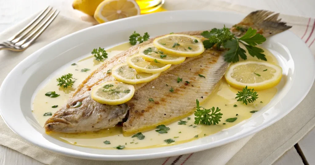 Beautiful cooked limande-sole fish on white plate with lemon slices, butter sauce, and parsley garnish, professional culinary