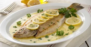 Beautiful cooked limande-sole fish on white plate with lemon slices, butter sauce, and parsley garnish, professional culinary