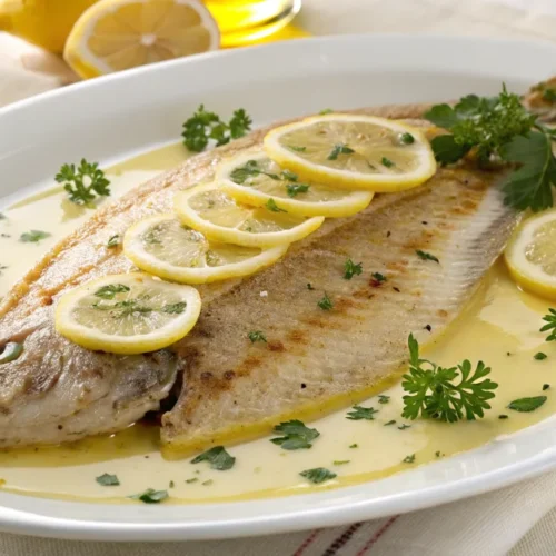 Beautiful cooked limande-sole fish on white plate with lemon slices, butter sauce, and parsley garnish, professional culinary