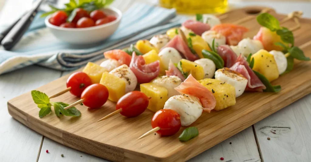 Colorful appetizer skewers with cherry tomatoes, mozzarella, prosciutto, shrimp, and pineapple arranged on a wooden board, pr
