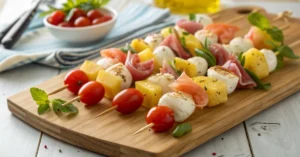 Colorful appetizer skewers with cherry tomatoes, mozzarella, prosciutto, shrimp, and pineapple arranged on a wooden board, pr