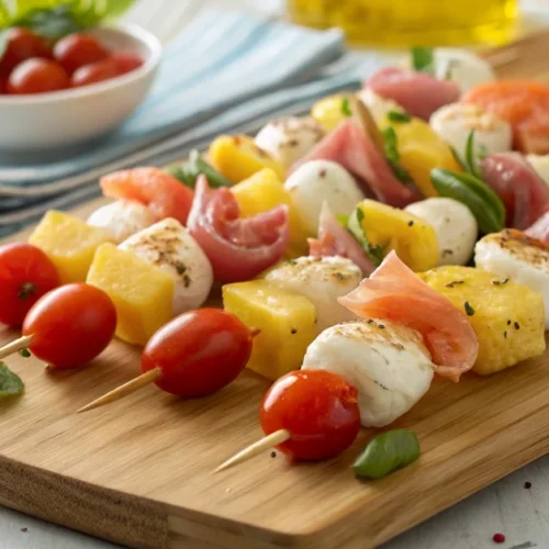 Colorful appetizer skewers with cherry tomatoes, mozzarella, prosciutto, shrimp, and pineapple arranged on a wooden board, pr