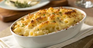 Creamy mac and cheese with melted cheddar cheese, golden top crust, comfort food pasta dish, appetizing close-up photography,