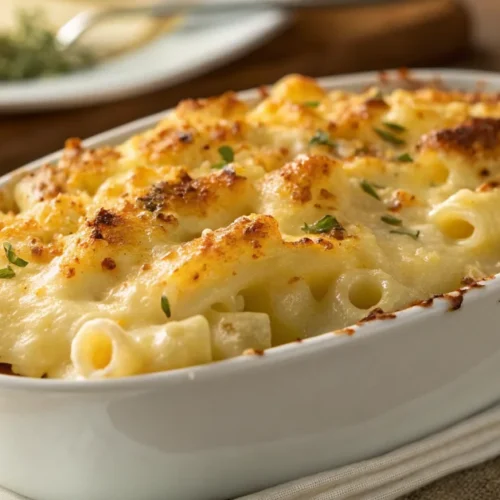 Creamy mac and cheese with melted cheddar cheese, golden top crust, comfort food pasta dish, appetizing close-up photography,