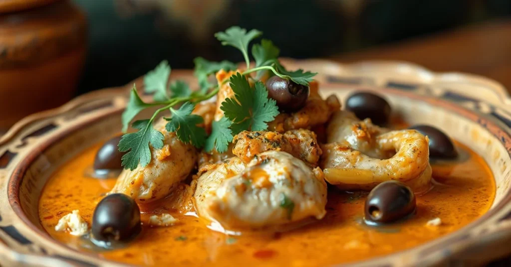 Authentic Algerian chicken with green olives dish, rich sauce, fresh coriander garnish, rustic ceramic plate, warm lighting,