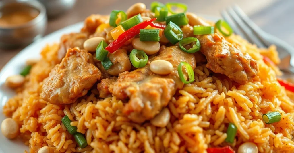 Authentic Indonesian nasi goreng with chicken, golden fried rice, colorful vegetables, topped with peanuts and fresh green on