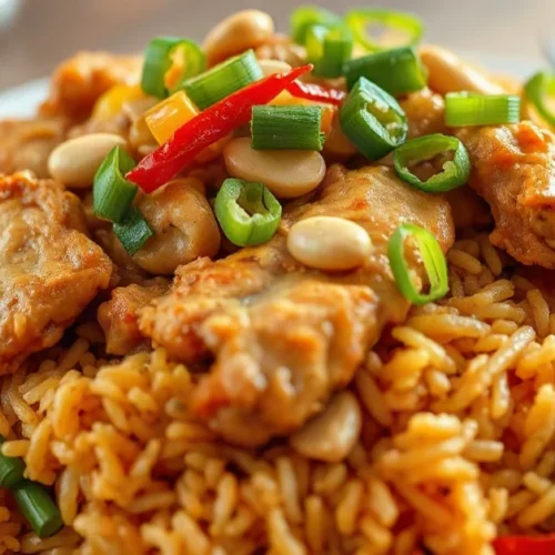 Authentic Indonesian nasi goreng with chicken, golden fried rice, colorful vegetables, topped with peanuts and fresh green on