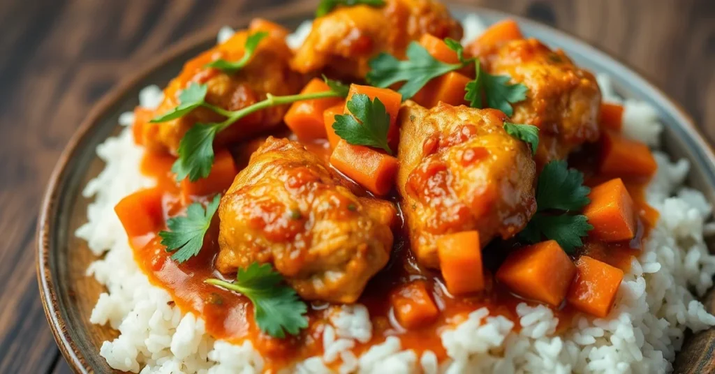 Authentic Senegalese Tiep Poulet dish with golden chicken pieces in rich tomato sauce, garnished with vibrant carrots and fre