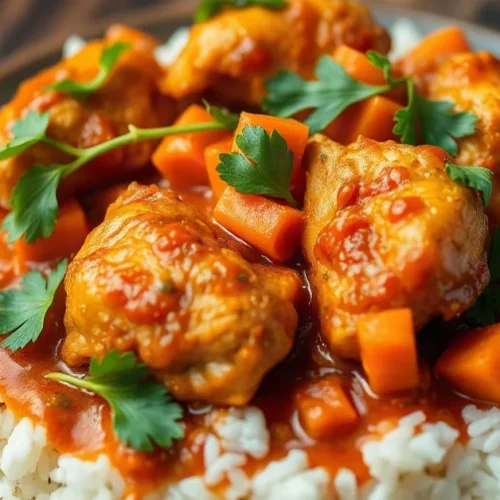 Authentic Senegalese Tiep Poulet dish with golden chicken pieces in rich tomato sauce, garnished with vibrant carrots and fre