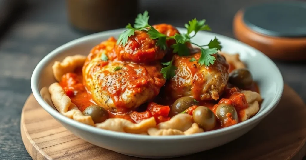 Authentic Tunisian chicken with green olives in rich tomato sauce, garnished with fresh parsley, warm golden lighting, appeti