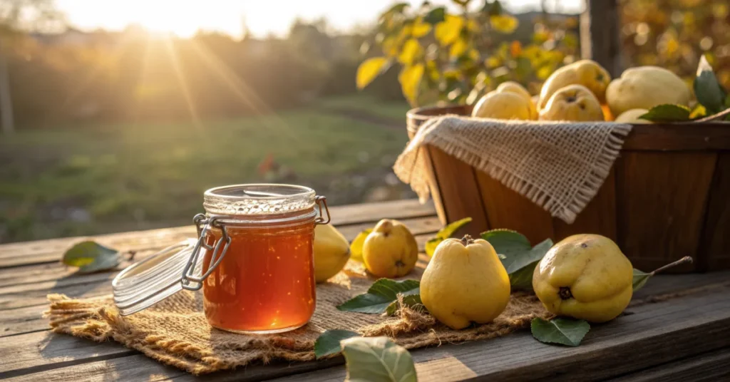 Beautiful amber quince jelly in glass jar, golden sunlight streaming through, autumn harvest composition with fresh quince fr