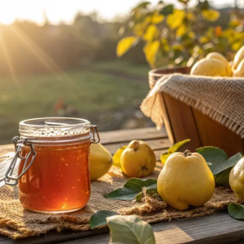 Beautiful amber quince jelly in glass jar, golden sunlight streaming through, autumn harvest composition with fresh quince fr