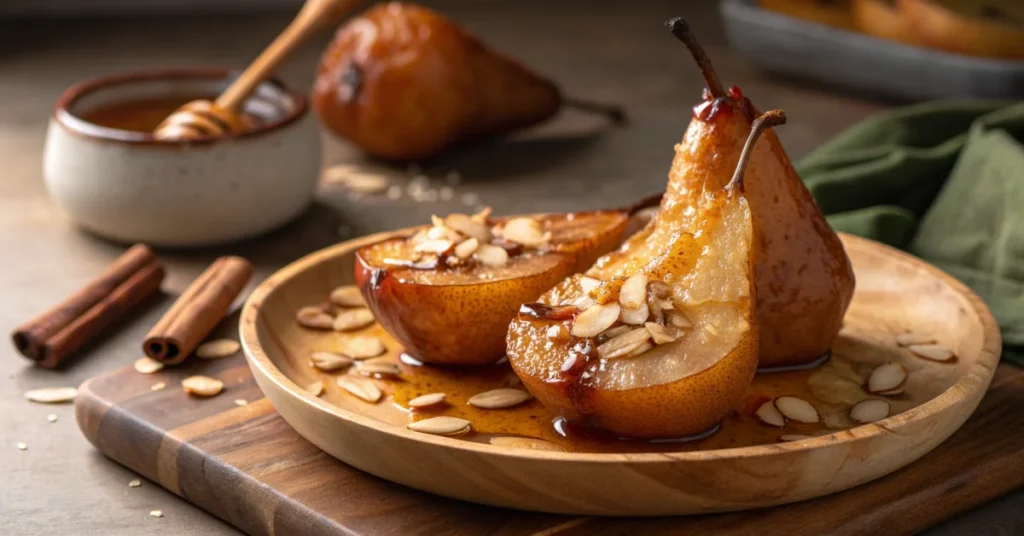 Beautiful baked pears with honey glaze, cinnamon spices, almond slivers, rustic French dessert, warm golden lighting, artisti