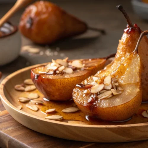 Beautiful baked pears with honey glaze, cinnamon spices, almond slivers, rustic French dessert, warm golden lighting, artisti