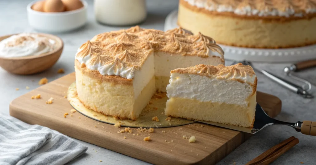 Beautiful fluffy cloud cake with golden brown top, light airy texture, perfect slice showing soft crumb, professional food ph