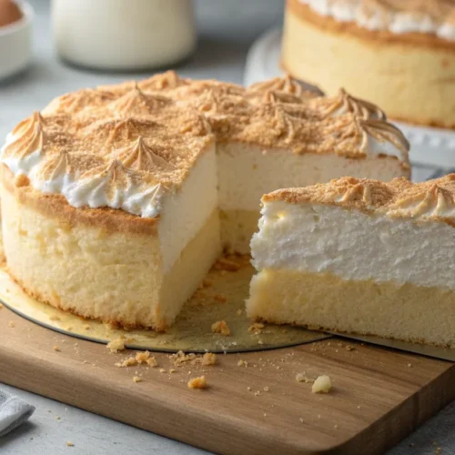 Beautiful fluffy cloud cake with golden brown top, light airy texture, perfect slice showing soft crumb, professional food ph