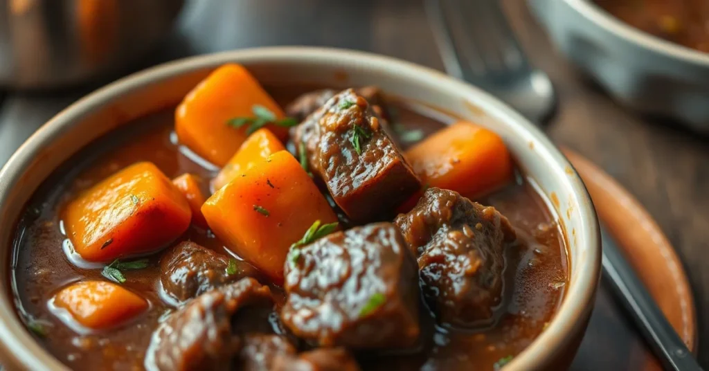 Beautiful rustic beef and carrot stew in traditional French style, rich brown sauce, tender meat, vibrant orange carrots, gar