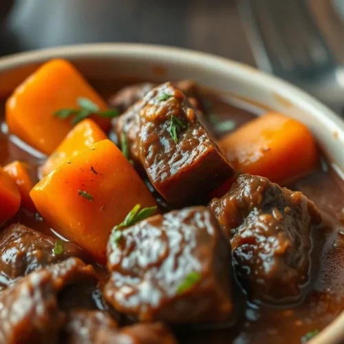 Beautiful rustic beef and carrot stew in traditional French style, rich brown sauce, tender meat, vibrant orange carrots, gar