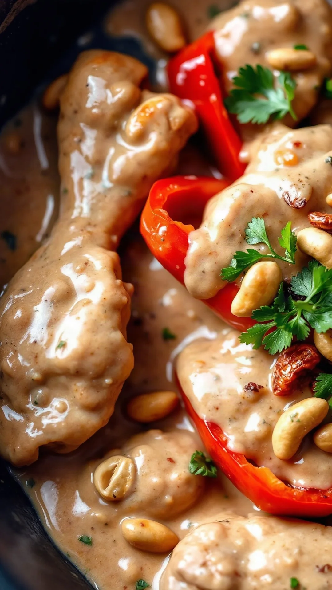 Close-up creamy peanut sauce coating tender chicken pieces with vibrant red peppers, garnished with roasted peanuts and herbs