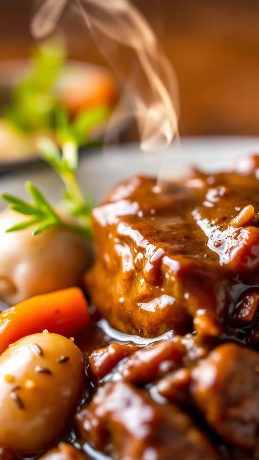 Close-up detail of beef bourguignon, tender braised beef cube with glossy wine sauce, pearl onion, mushroom, carrot, steam ri