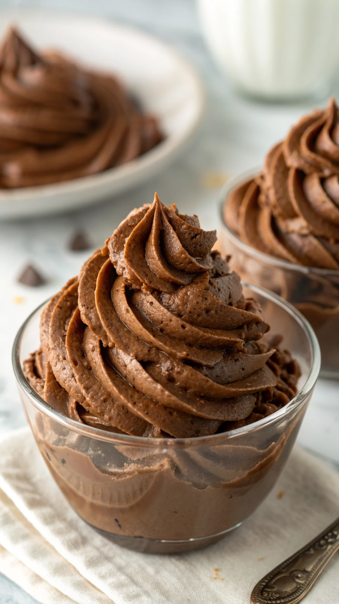 Close-up detail of whipped chocolate ganache mousse with peaks, rich dark brown color, creamy airy texture, macro food photog