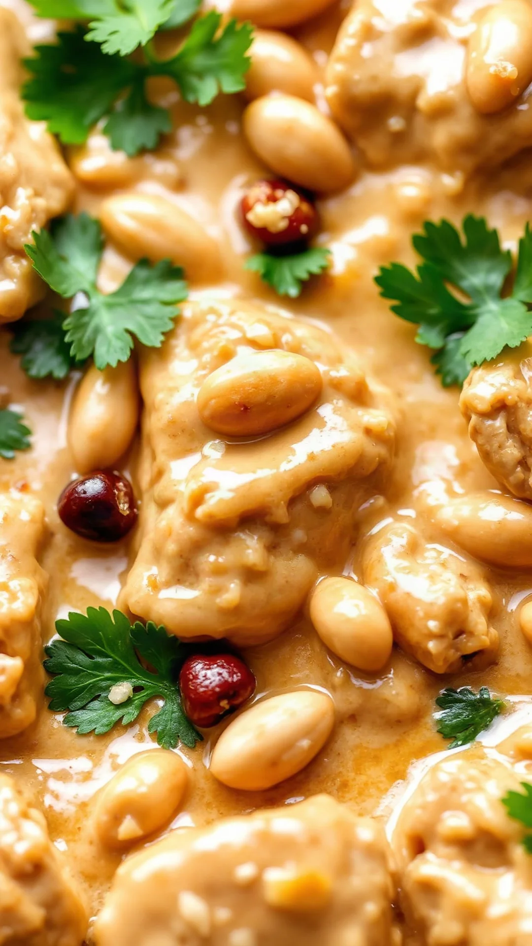 Close-up detailed view of creamy peanut butter coconut chicken sauce with tender chicken pieces, garnished with fresh cilantr
