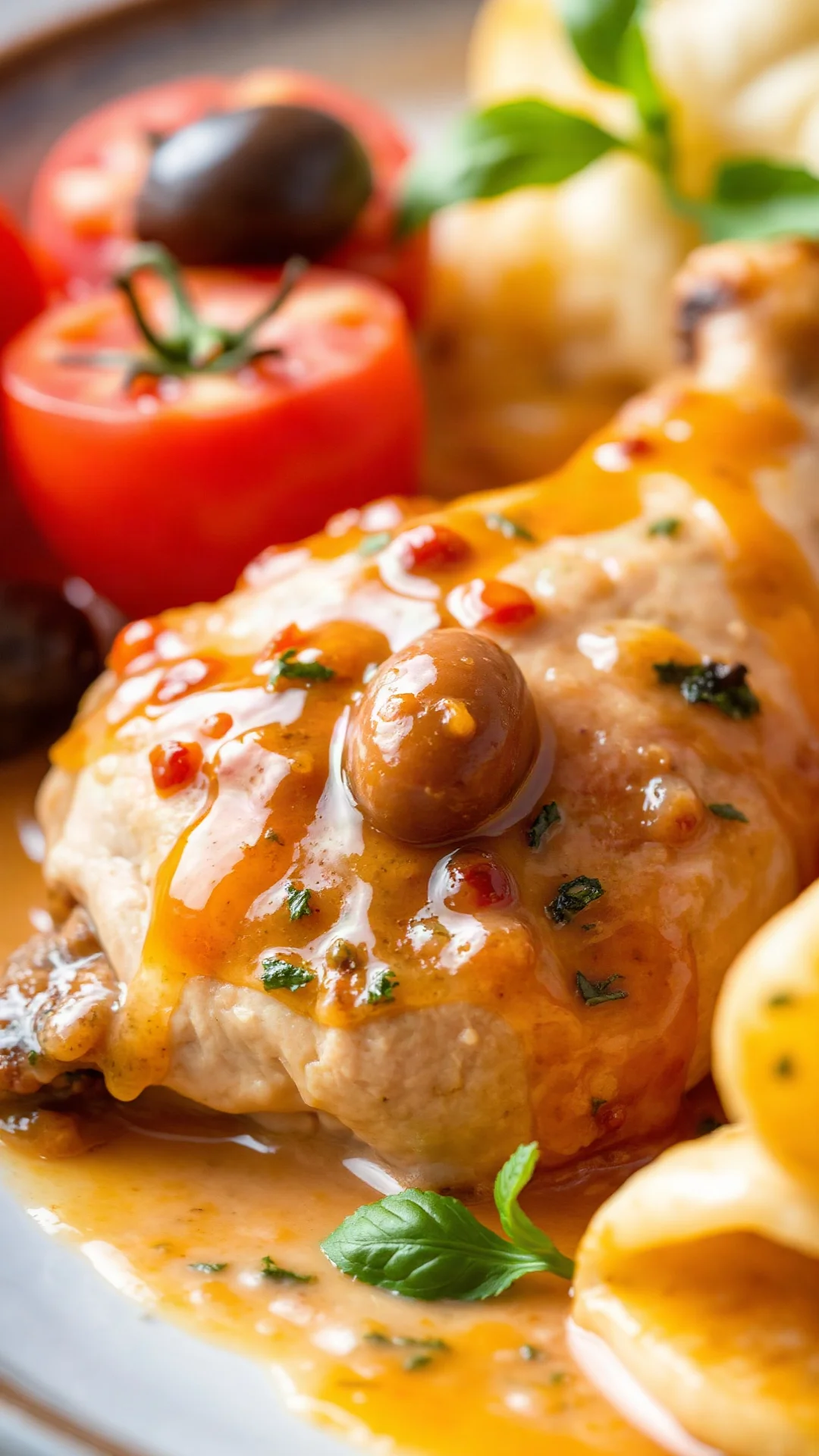 Close-up extreme detail chicken leg with dark olives, fresh tomato, herbs, golden sauce dripping, Italian Pollo alla Cacciato