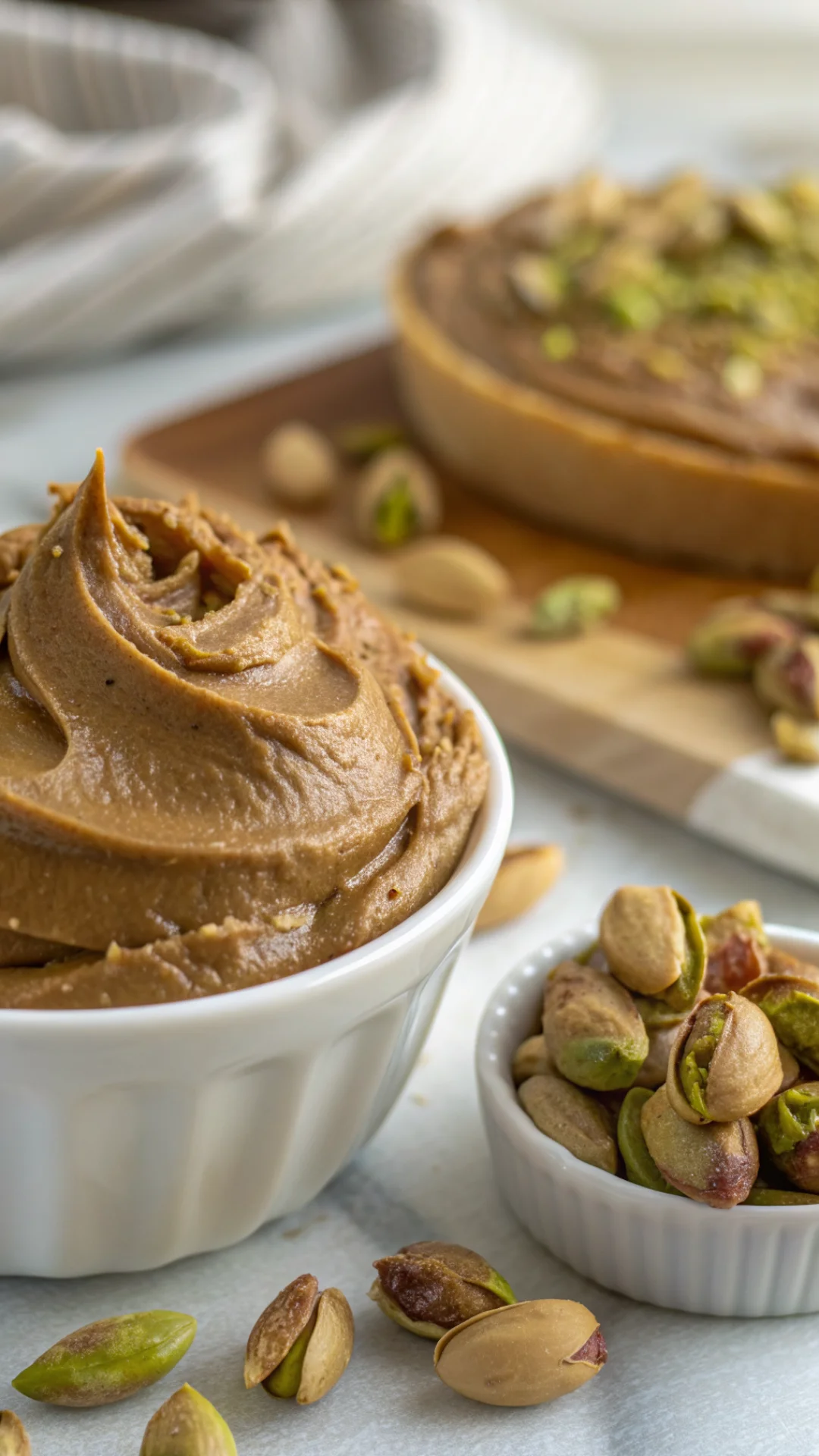Close-up extreme macro shot creamy pistachio spread texture, silky smooth surface with rich nutty brown color, professional f