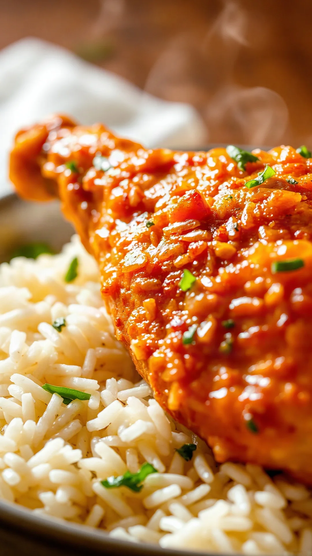 Close-up golden crispy chicken drumstick on fluffy rice bed, tender juicy meat, steam rising, aromatic herbs scattered, appet