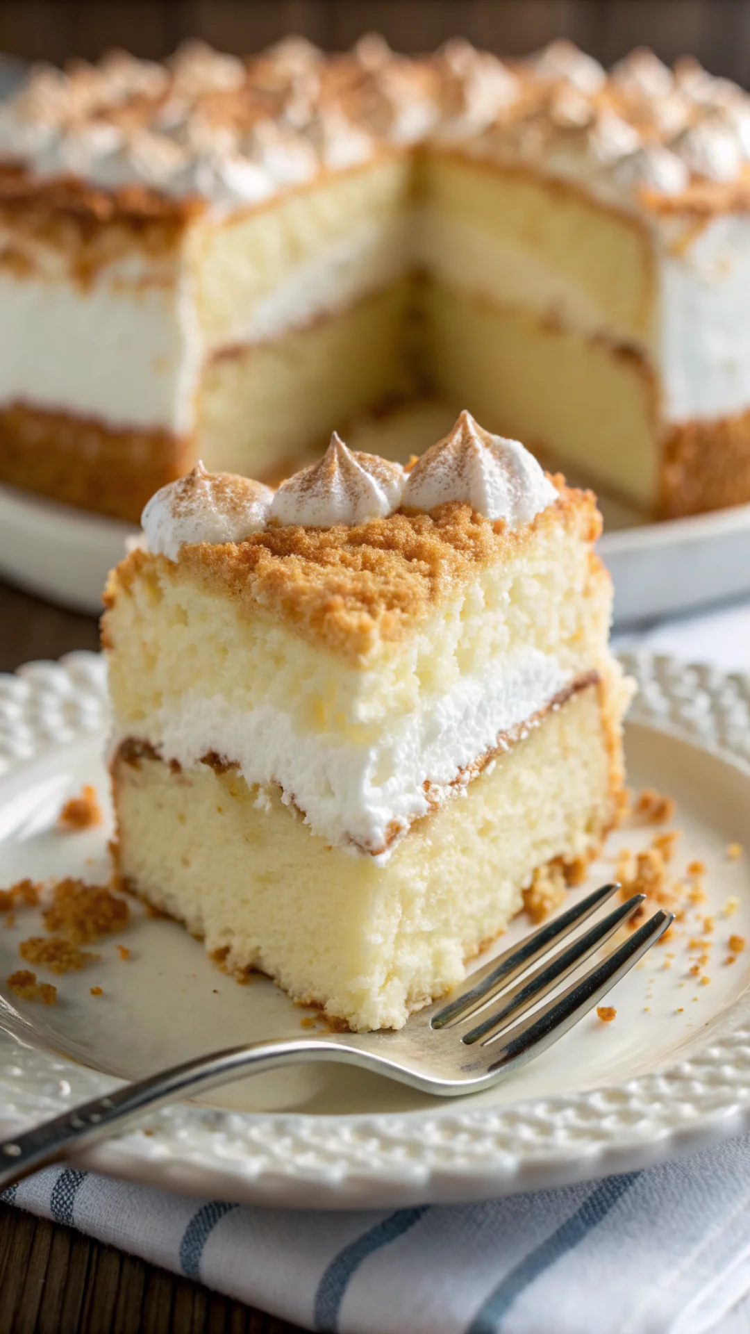 Close-up macro photography of fluffy cloud cake slice with fork, golden brown crust, soft white interior, professional food s