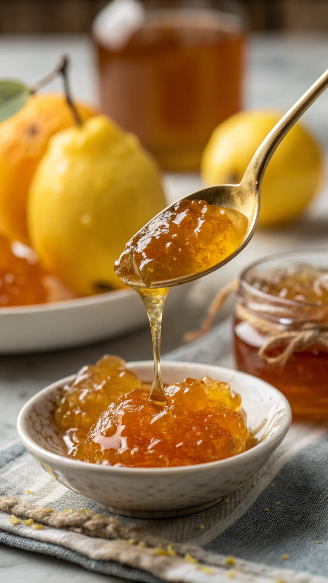 Close-up macro photography of spoon dripping golden quince jelly, translucent amber color, glossy texture, food styling, shal