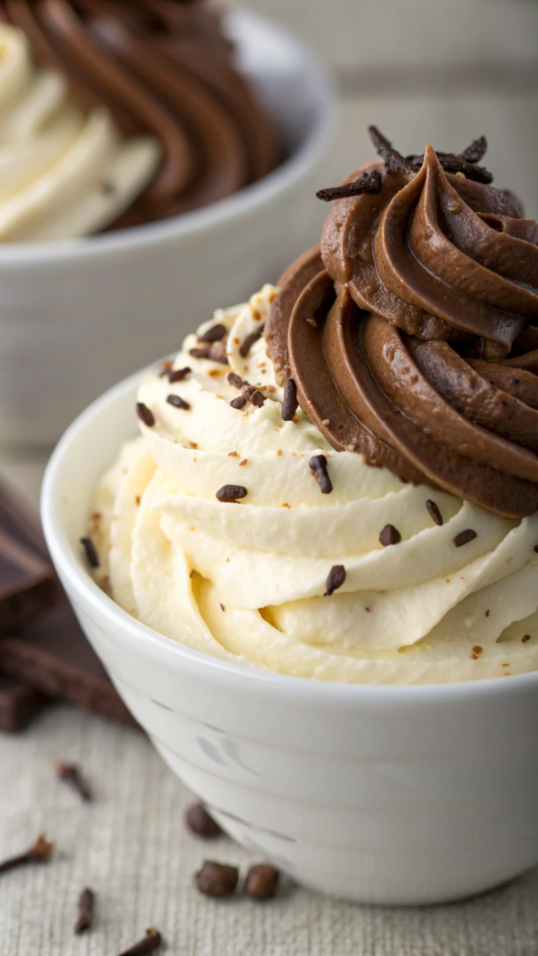 Close-up macro shot creamy whipped ganache texture, vanilla bean seeds visible, rich chocolate cream swirl, professional food
