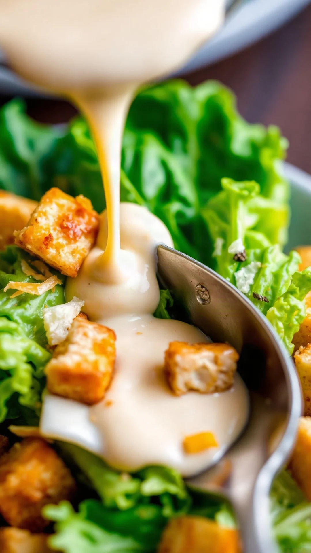 Close-up macro shot of creamy Caesar dressing being drizzled over crisp romaine lettuce with Parmesan shavings, golden crouto