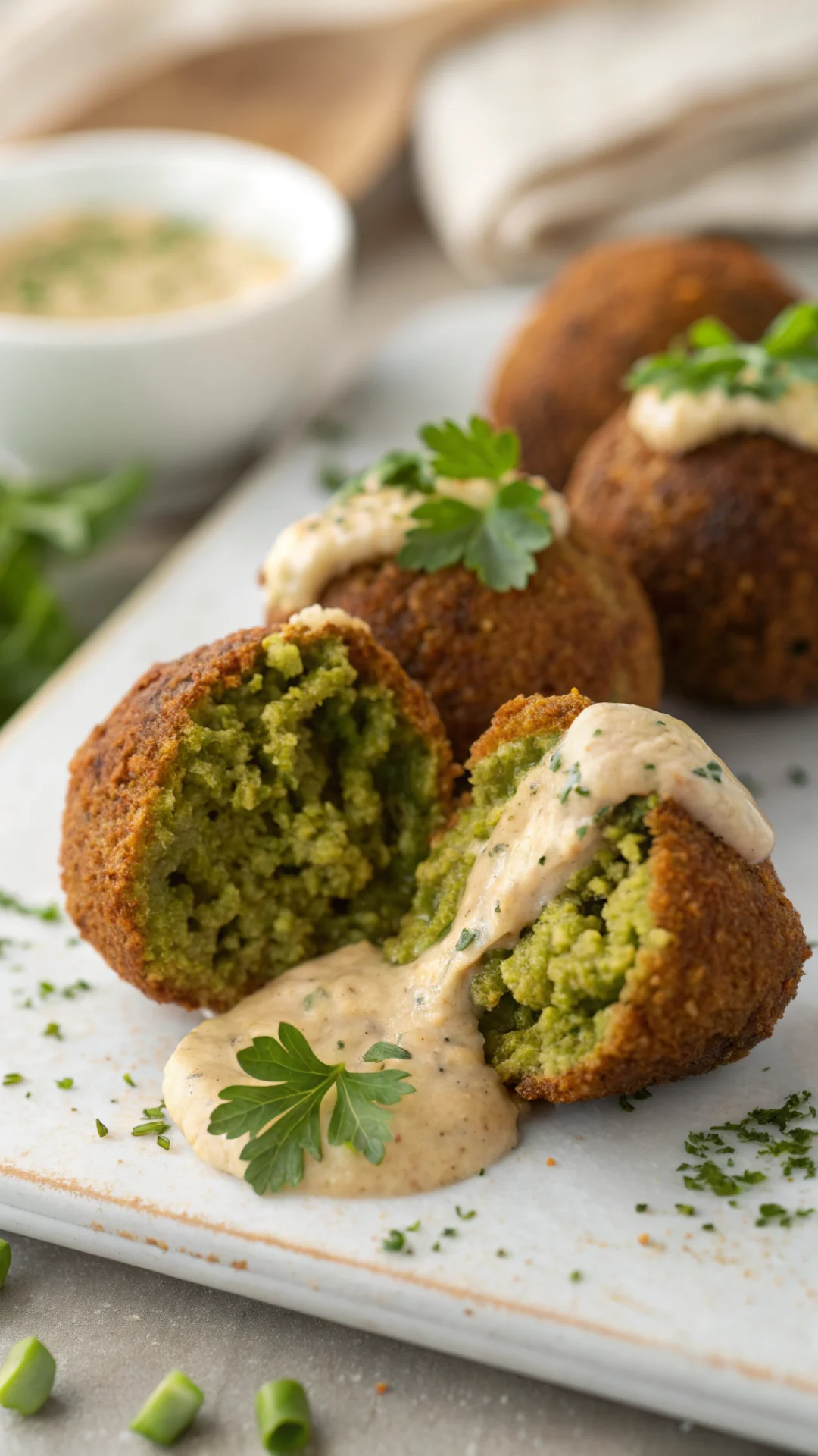Close-up macro shot of freshly fried golden Lebanese falafel cut in half showing green herbed interior, tahini drizzle, parsl