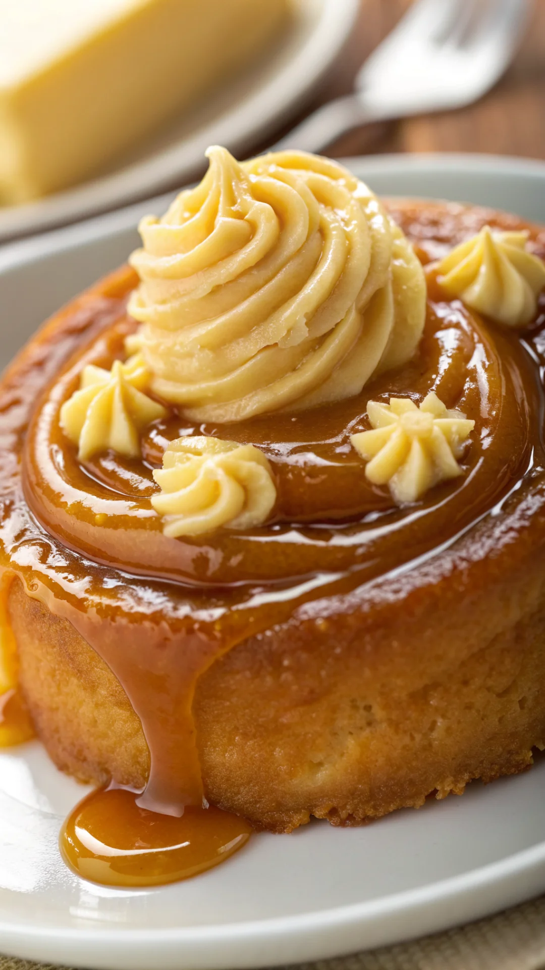 Close-up macro shot of rich golden caramel sauce texture, creamy homemade caramel with butter swirl, glossy amber liquid, foo