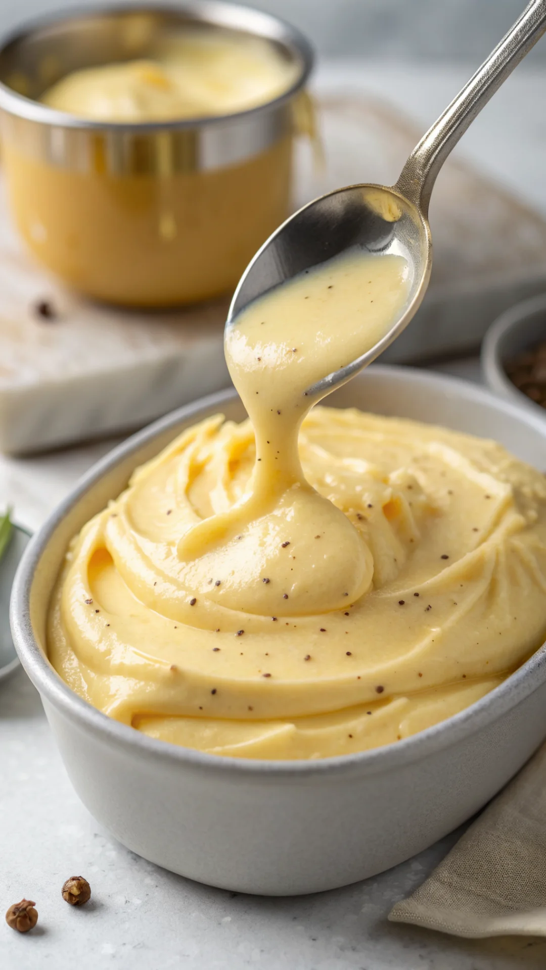 Close-up macro shot of smooth pastry cream texture, rich creamy consistency, vanilla bean specks visible, spoon pouring golde