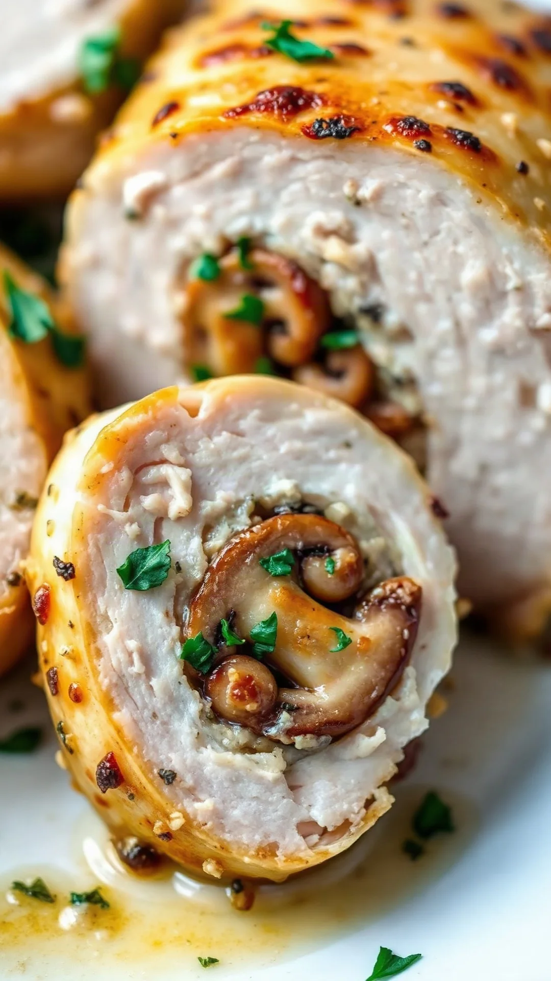 Close-up macro shot of stuffed chicken breast cross-section showing herb mushroom filling, golden roasted skin, fresh herbs g