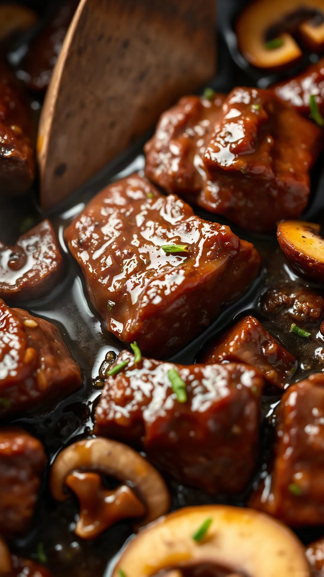 Close-up macro shot of succulent braised beef chunks in dark umami sauce with shiitake mushrooms and aromatic spices, steam r
