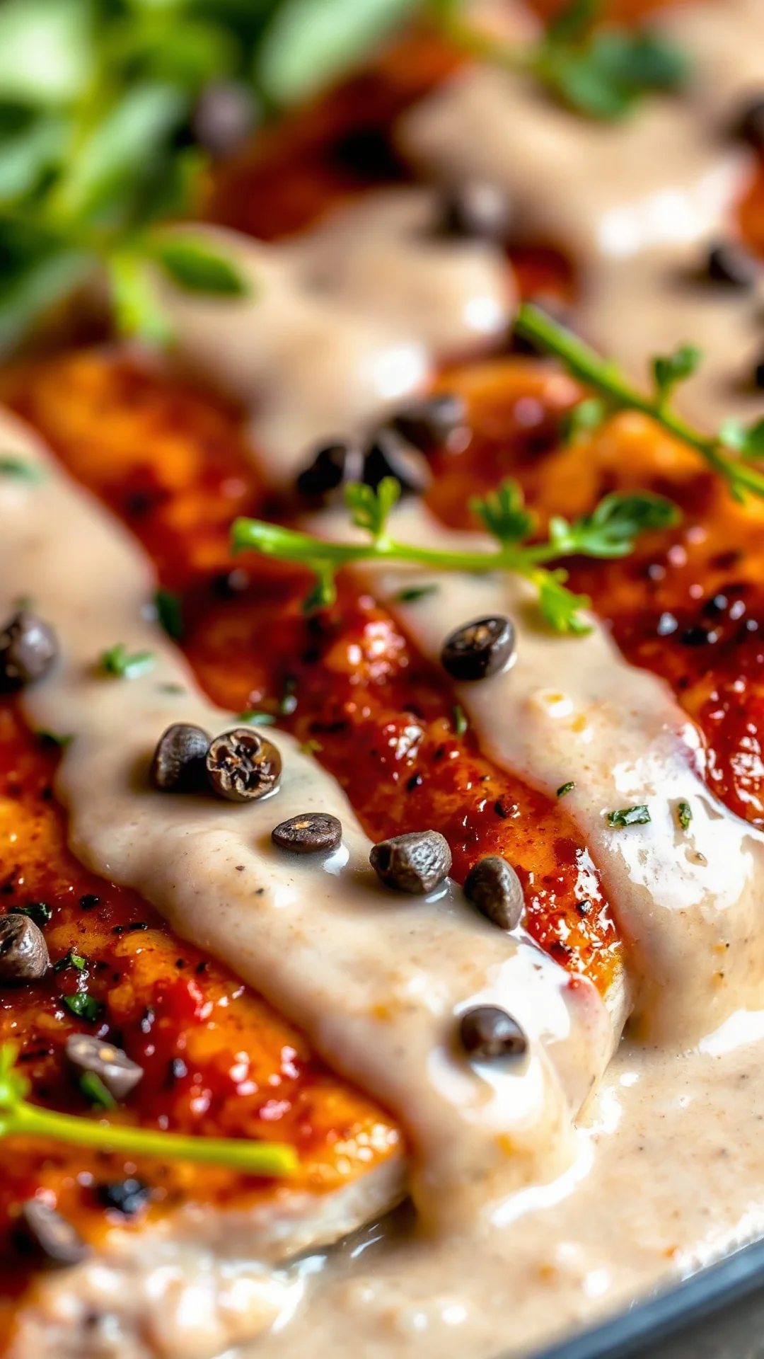 Close-up macro shot of succulent pan-seared chicken breast with creamy sauce dripping, garnished with fresh herbs and pepperc