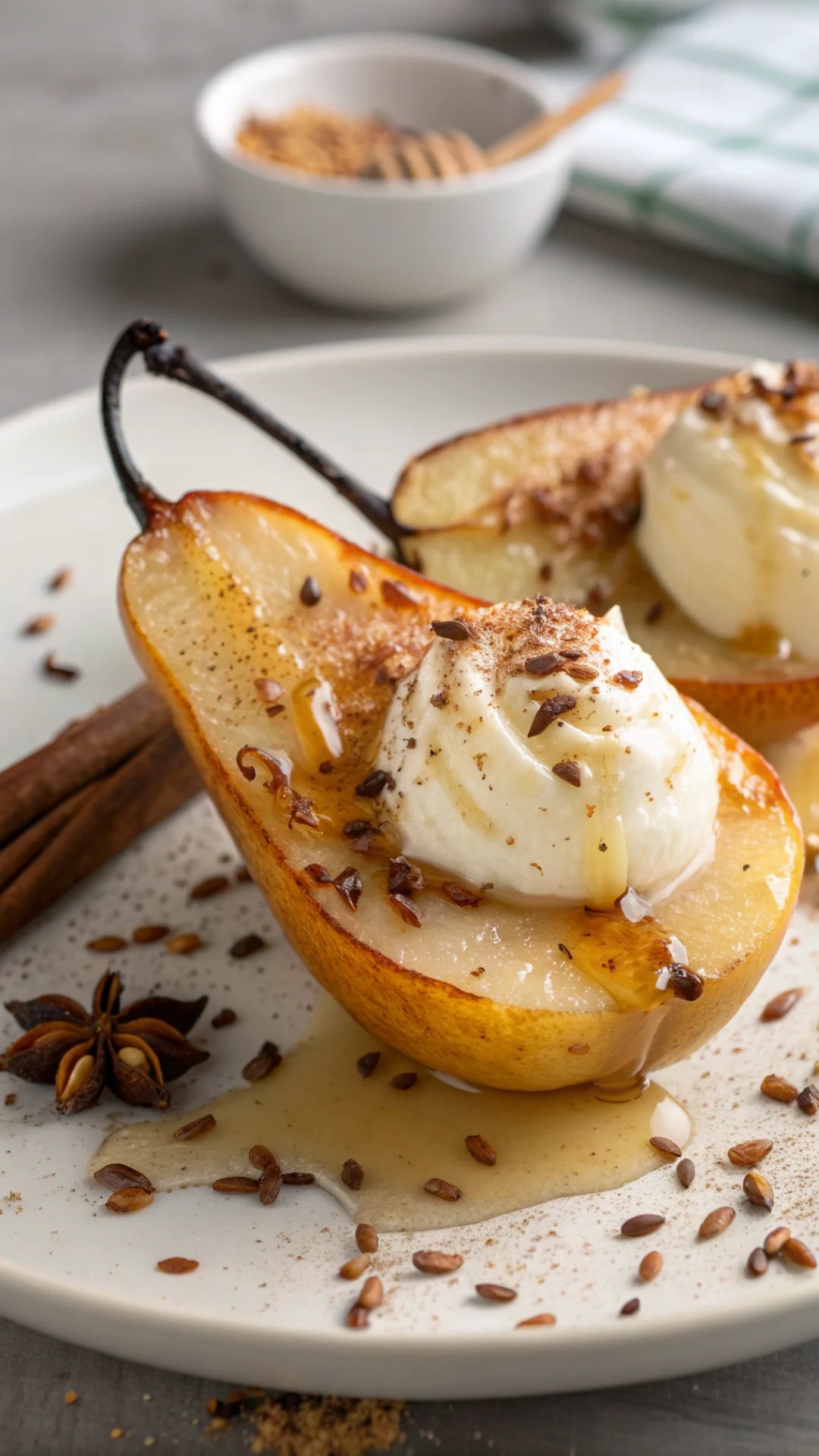 Close-up macro shot of tender baked pear half with honey drizzle, cinnamon coating, vanilla seeds, creamy vanilla ice cream,