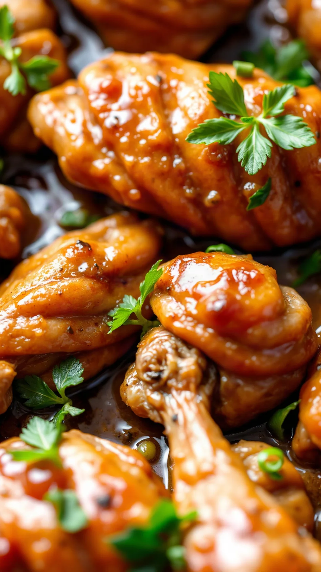 Close-up macro shot of tender braised chicken gizzards with glossy sauce, fresh herbs garnish, golden brown color, culinary f