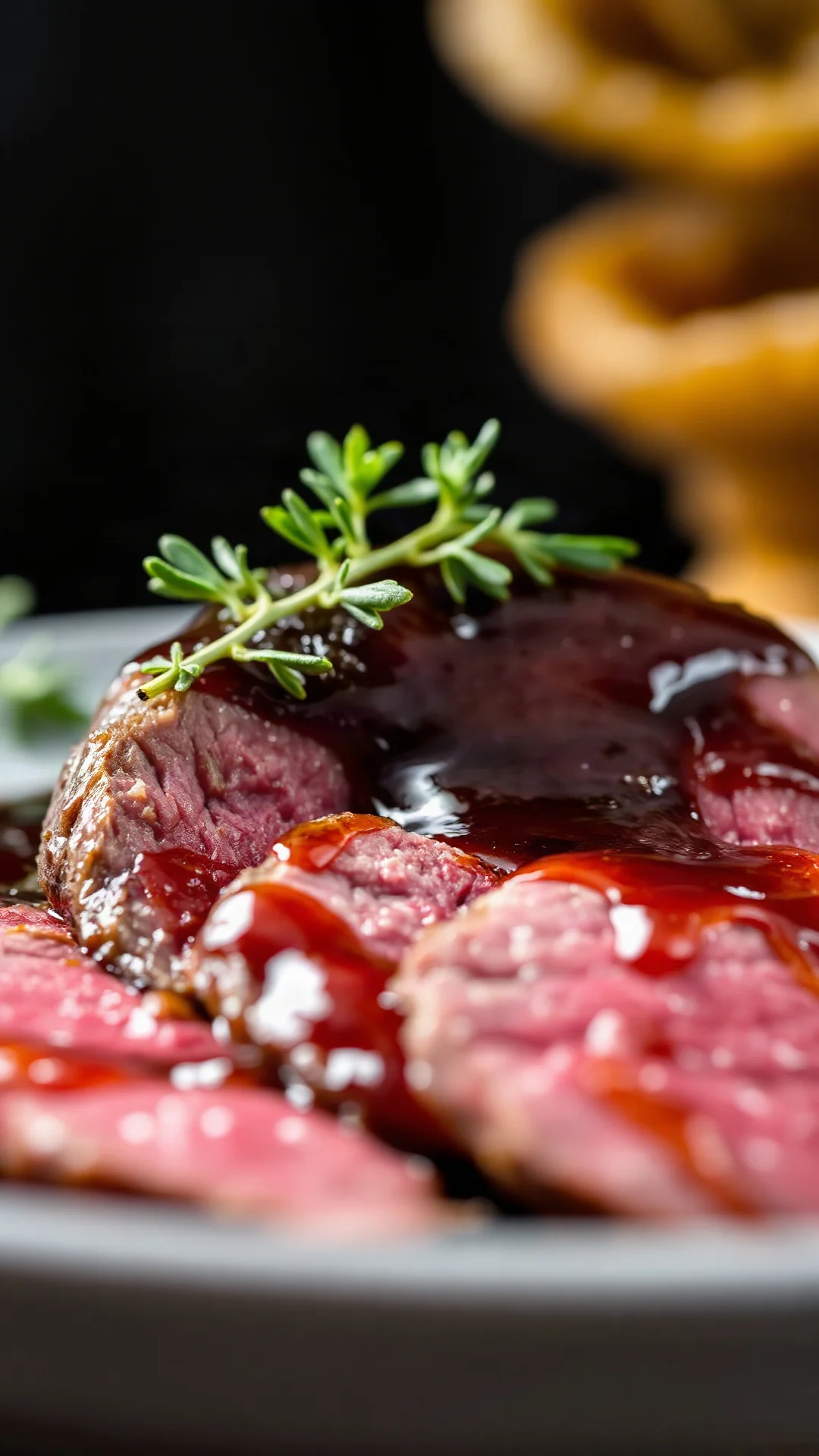 Close-up macro shot of tender sliced beef heart with glossy wine reduction sauce, fresh thyme garnish, and caramelized onions