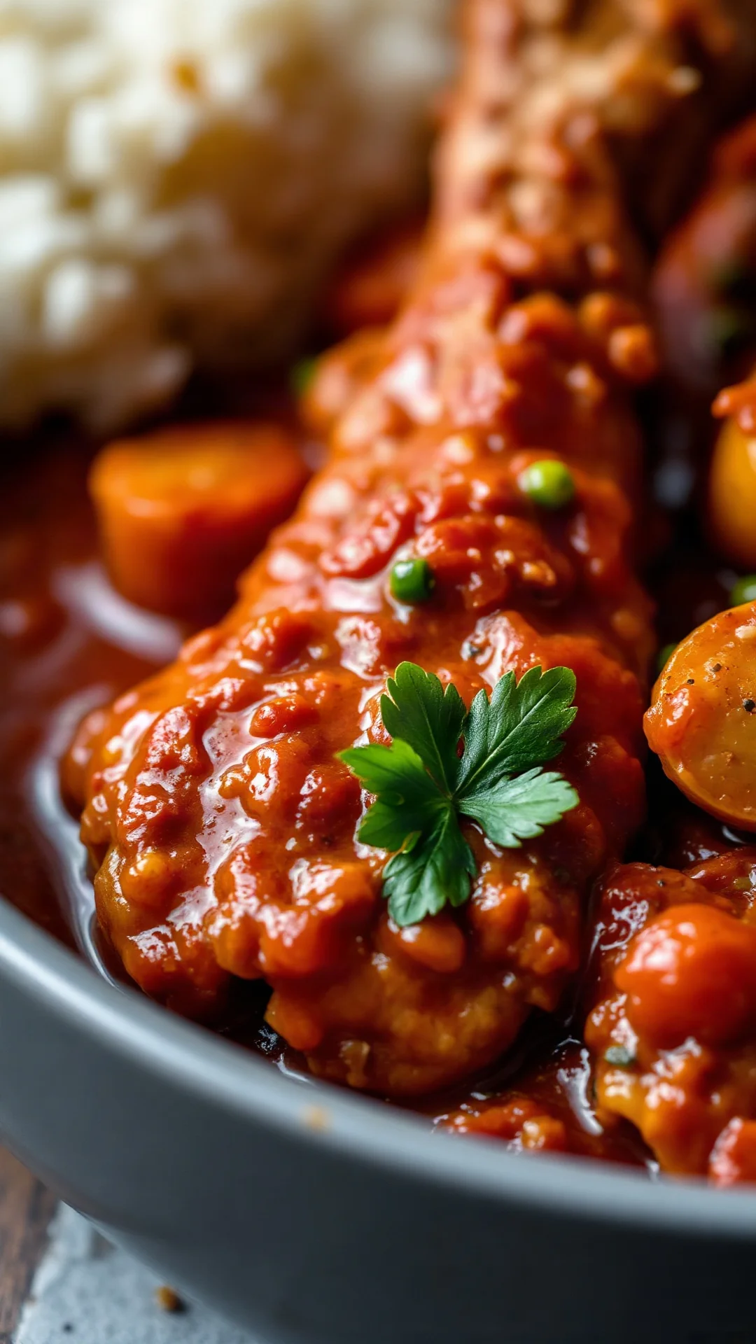 Close-up macro shot of Tiep Poulet chicken piece in spiced tomato sauce with tender vegetables, traditional West African comf