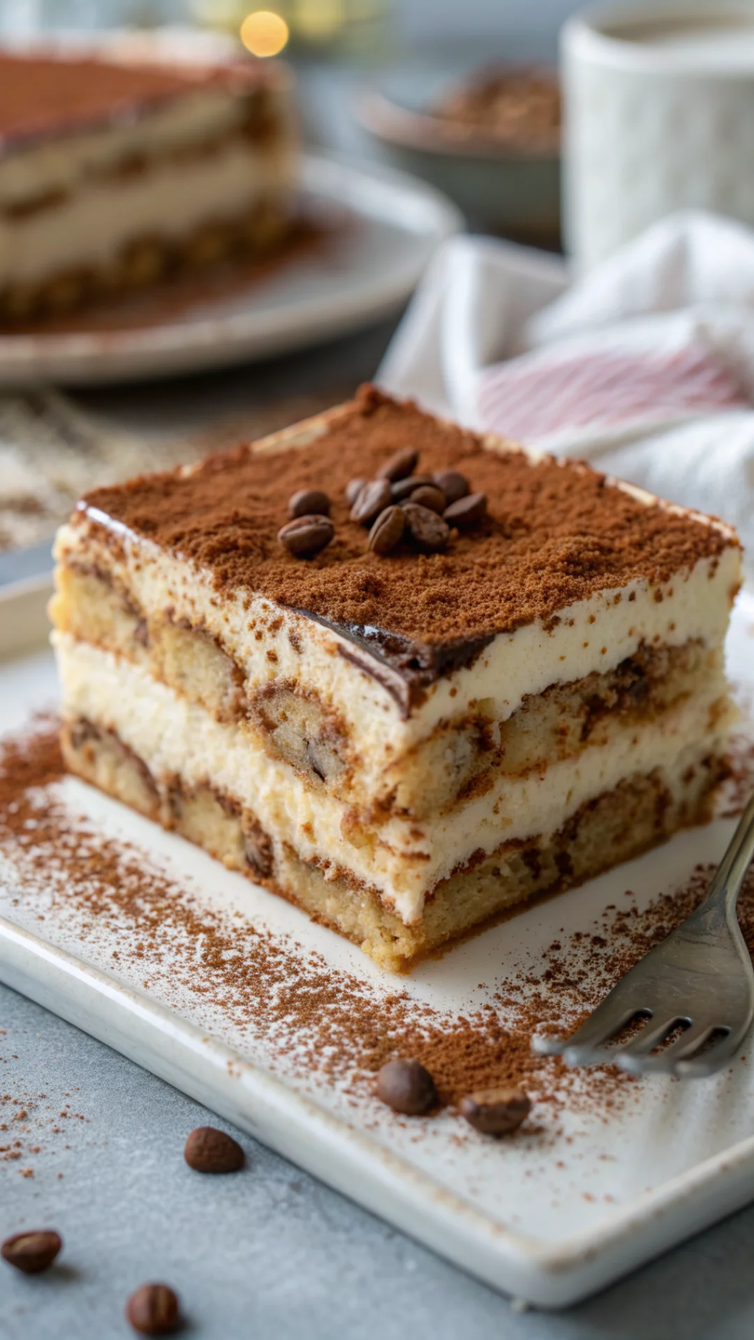 Close-up macro shot of tiramisu slice showing layers of mascarpone cream and coffee-soaked ladyfingers, dusted with cocoa pow