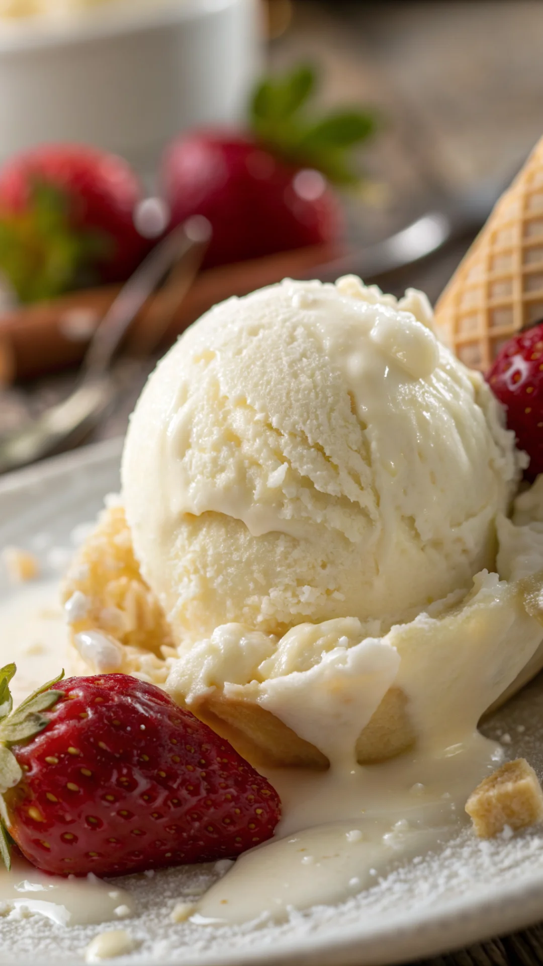 Close-up macro shot vanilla ice cream scoop, creamy texture detail, melting ice cream, gourmet food photography, artistic com