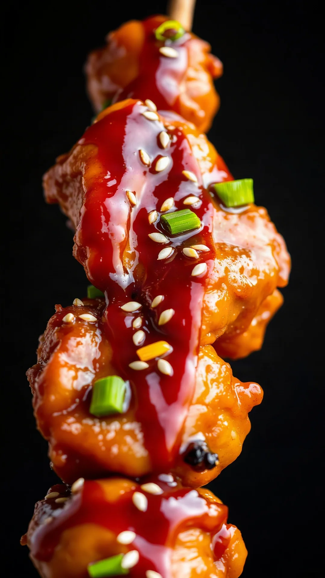 Close-up macro shot yakitori chicken skewers glisten teriyaki glaze caramelized edges sesame garnish green onions professiona